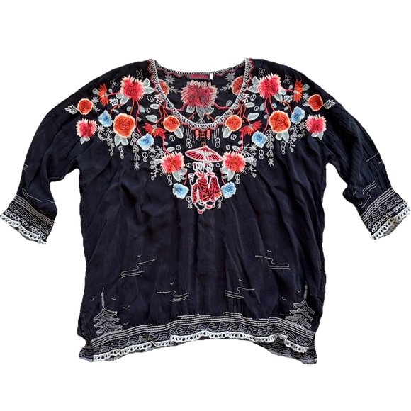 Johnny Was Tops - JOHNNY WAS Hamayu Embroidered Black Floral Women's Top Small Boho Chic Festival